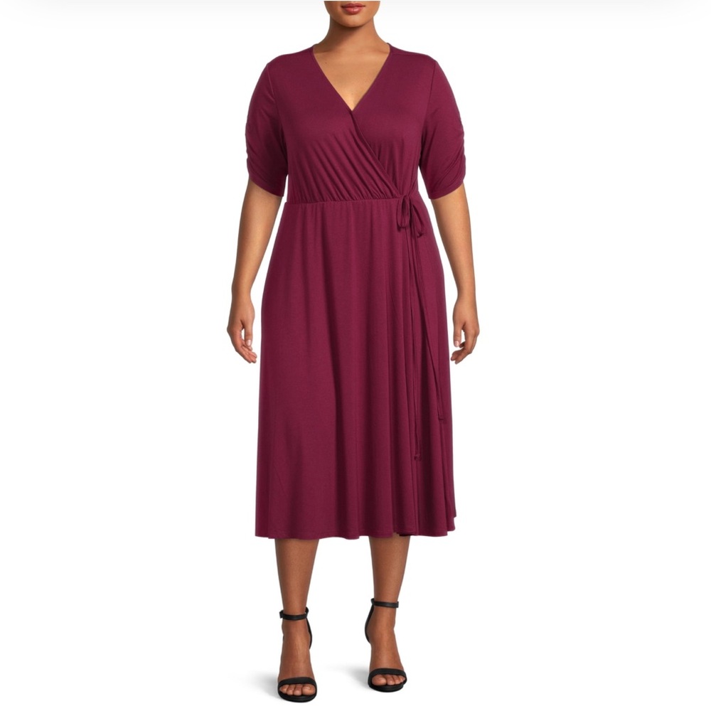 Terra Sky Burgundy Mid-Length V-Neck Wrap Dress - Picture 7 of 7